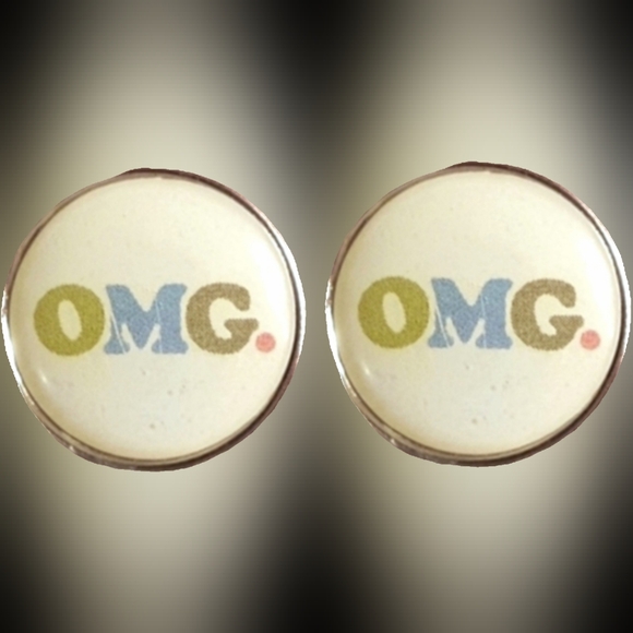 Cream silver snarky acronym OMG graphics Handmade round stud earrings NWT - Picture 4 of 16